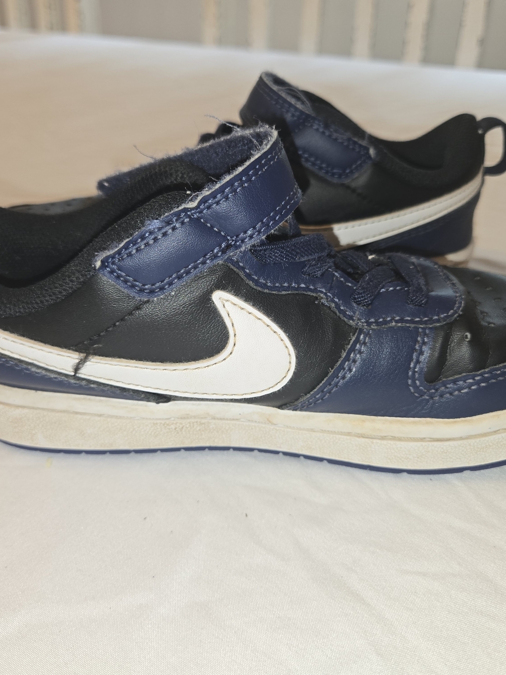Nike Kids Navy and Black Leather Sneaker with White Swoosh Boys 1Y